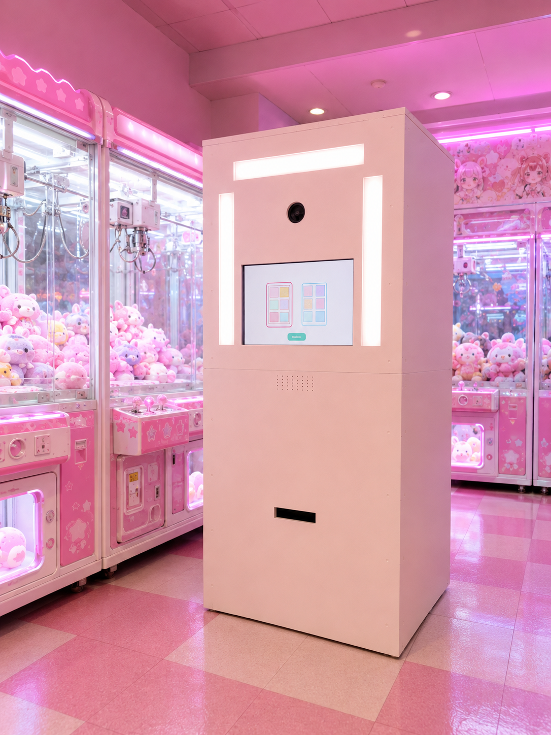Purimo photobooth with the touchscreen on inside a pink arcade setting