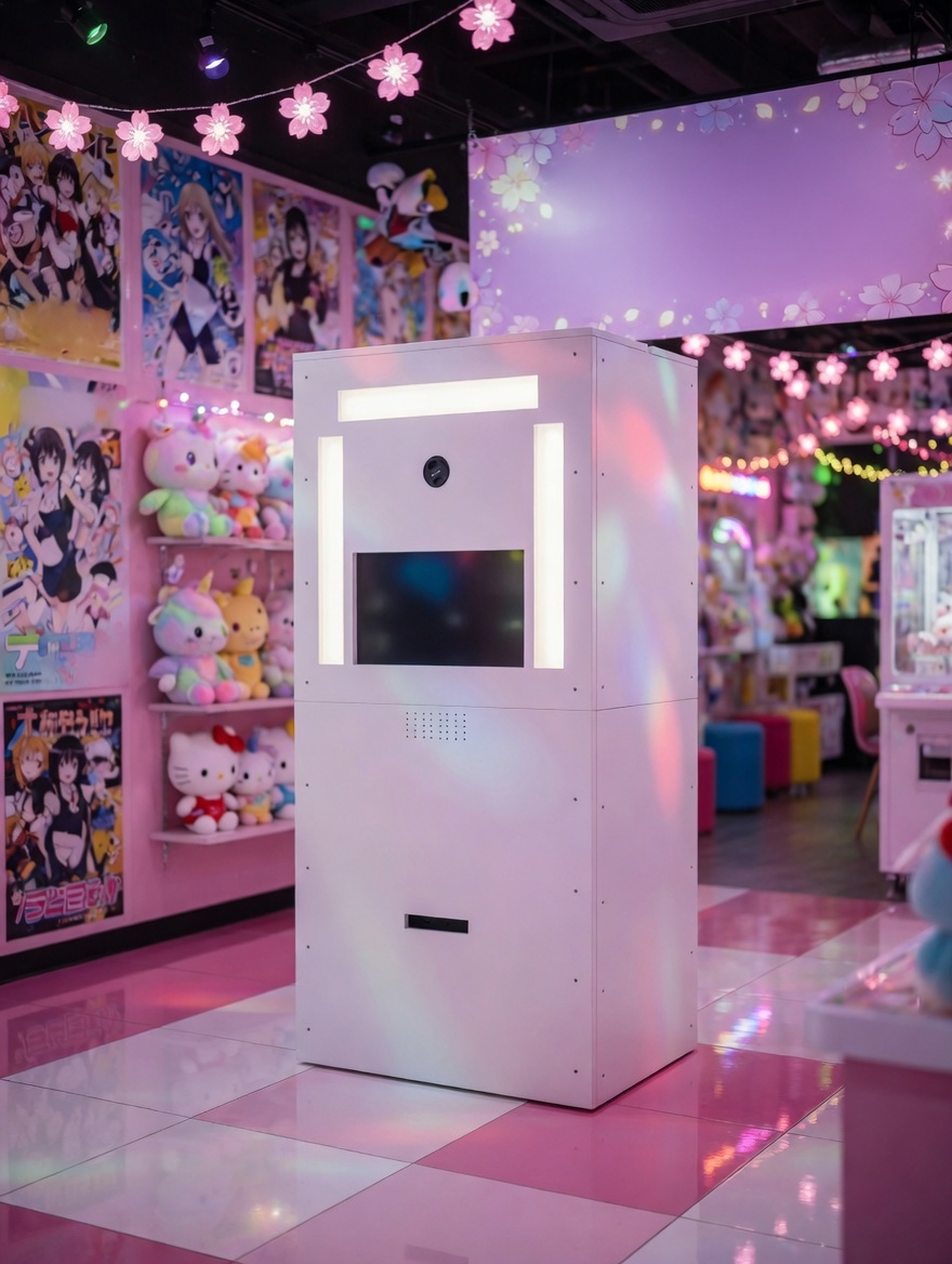 Purimo photobooth angled in an arcade-inspired event setting
