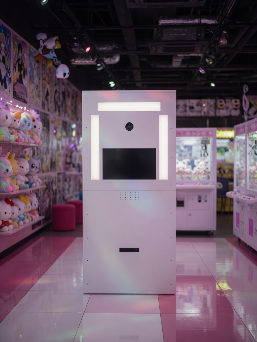 Purimo photobooth front view in a pink arcade setting