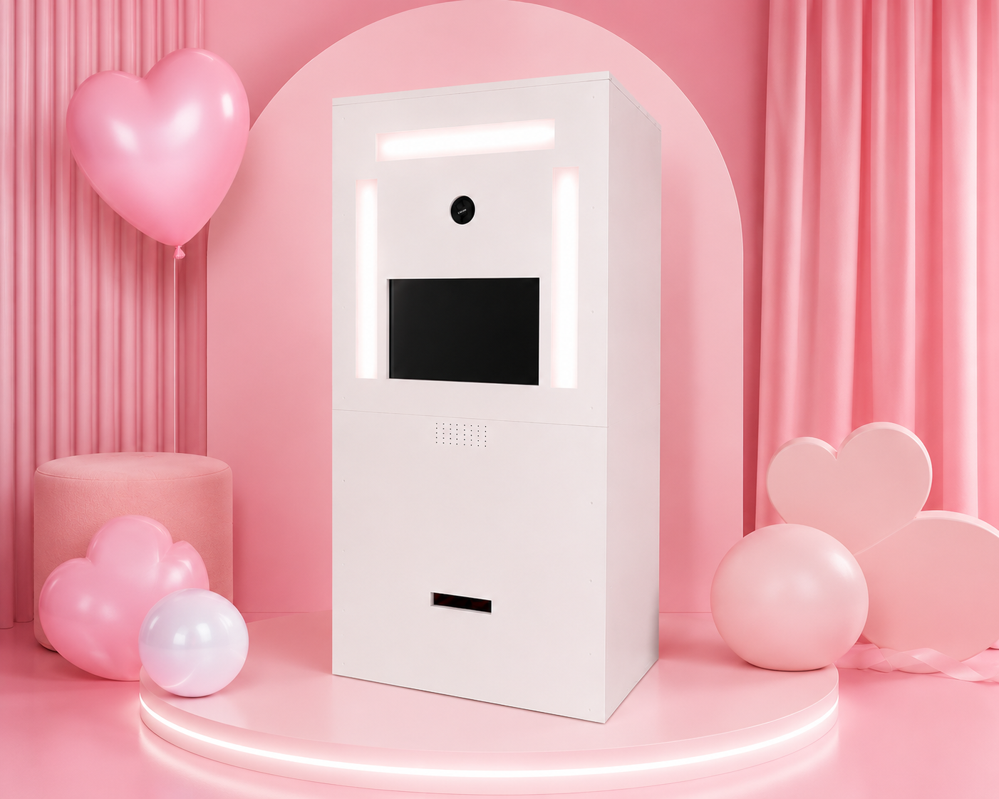 Purimo photobooth on a wide pink stage with balloon styling