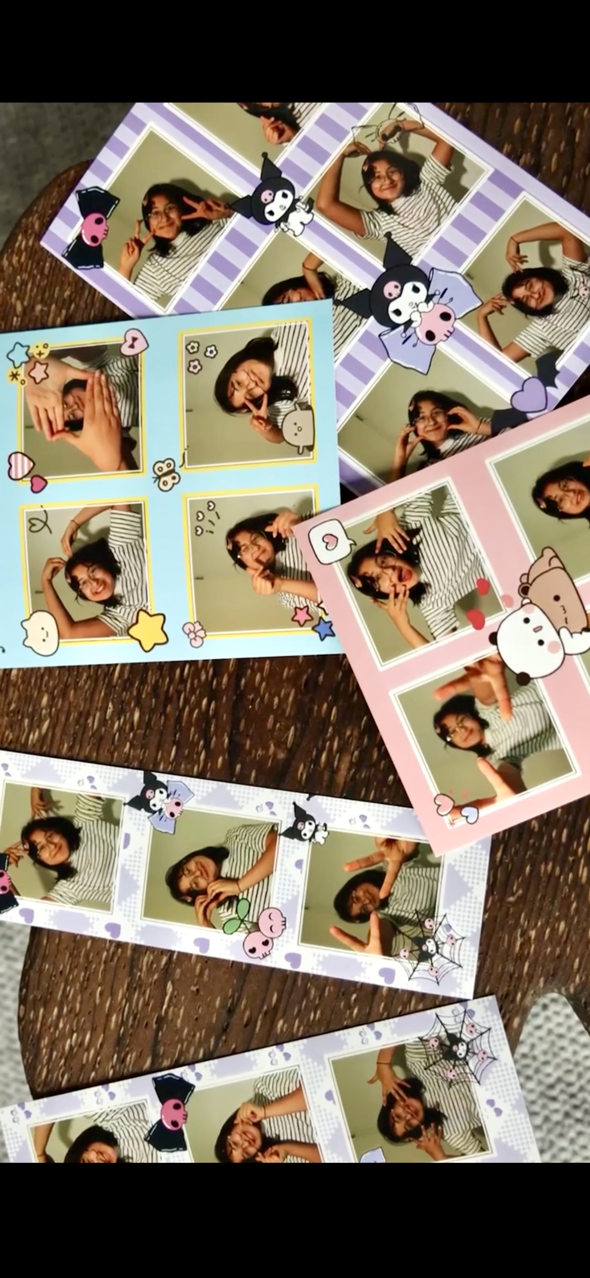 Printed Purimo photo strips with cute kawaii character overlays
